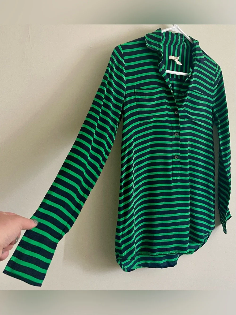 🔱 J. Crew 100% Silk Navy and Green Striped Button-Down Blouse 🔱